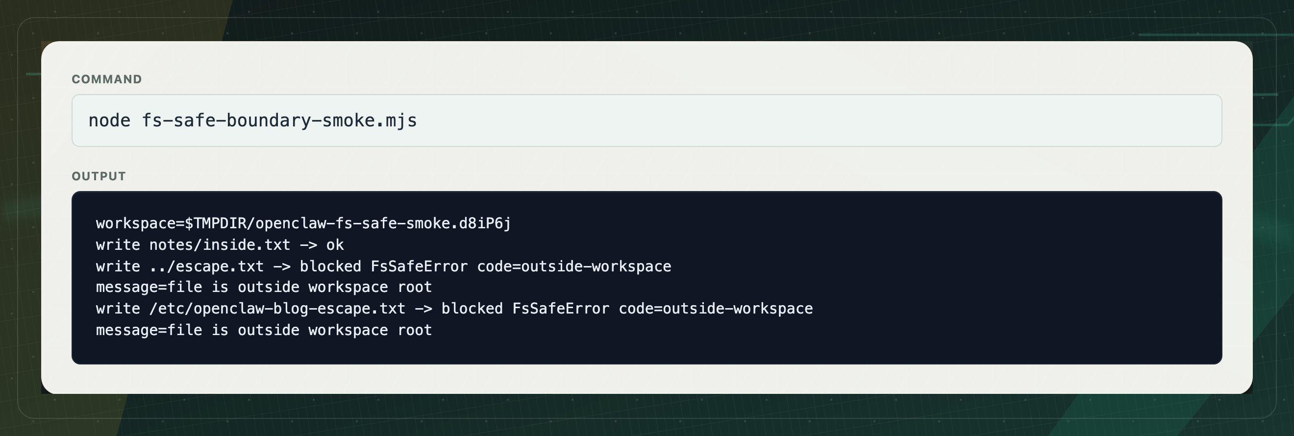 Terminal output showing fs-safe allowing an in-workspace write and blocking traversal and absolute-path writes with outside-workspace errors.